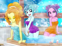 Size: 4000x3000 | Tagged: suggestive, artist:charliexe, ponerpics import, adagio dazzle, aria blaze, sonata dusk, equestria girls, breasts, clothes, covering, eyes closed, female, image, jpeg, sauna, the dazzlings, towel, trio, trio female