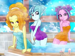 Size: 4000x3000 | Tagged: suggestive, artist:charliexe, ponerpics import, adagio dazzle, aria blaze, sonata dusk, equestria girls, breasts, clothes, covering, female, image, jpeg, sauna, the dazzlings, towel, trio, trio female