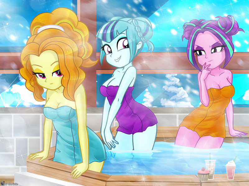 Size: 4000x3000 | Tagged: suggestive, artist:charliexe, ponerpics import, adagio dazzle, aria blaze, sonata dusk, equestria girls, breasts, covering, female, image, jpeg, sauna, the dazzlings, towel, trio, trio female