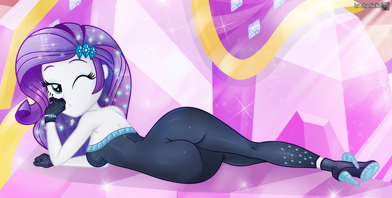 Size: 3258x1651 | Tagged: suggestive, artist:charliexe, ponerpics import, rarity, equestria girls, breasts, butt, clothes, female, image, jpeg, one eye closed, rearity, seductive, solo, solo female