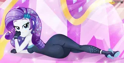 Size: 3258x1651 | Tagged: suggestive, artist:charliexe, ponerpics import, rarity, equestria girls, breasts, clothes, female, gloves, image, jpeg, lying down, seductive, solo, solo female