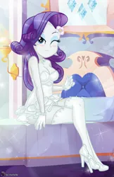 Size: 2335x3597 | Tagged: suggestive, artist:charliexe, ponerpics import, rarity, equestria girls, breasts, clothes, dress, female, gloves, high heels, image, jpeg, lingerie, one eye closed, shoes, socks, solo, solo female, wink