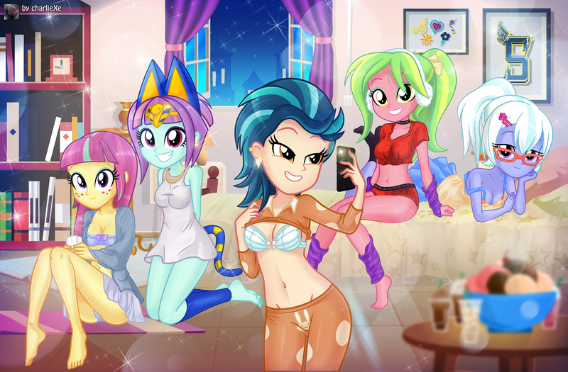 Size: 9136x5994 | Tagged: suggestive, artist:charliexe, ponerpics import, indigo zap, lemon zest, sour sweet, sugarcoat, sunny flare, equestria girls, breasts, clothes, feet, female, image, jpeg, phone, sleepover, trio, trio female