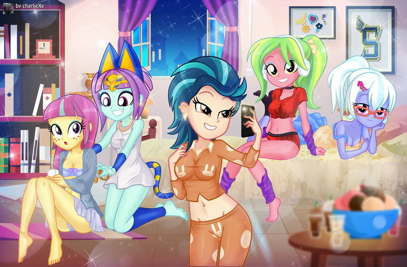 Size: 9136x5994 | Tagged: suggestive, artist:charliexe, ponerpics import, indigo zap, lemon zest, sour sweet, sugarcoat, equestria girls, breasts, clothes, feet, female, image, jpeg, phone, sleepover, trio, trio female