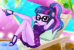 Size: 4973x3384 | Tagged: suggestive, artist:charliexe, ponerpics import, twilight sparkle, equestria girls, breasts, clothes, female, glasses, high heels, image, jpeg, looking at you, panties, panty shot, panty shots, shoes, skirt, solo, solo female, water