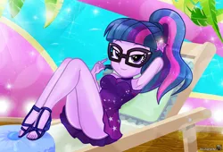 Size: 4973x3384 | Tagged: suggestive, artist:charliexe, ponerpics import, twilight sparkle, equestria girls, breasts, clothes, female, glasses, high heels, image, jpeg, shoes, skirt, solo, solo female, water