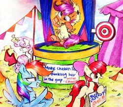 Size: 2048x1775 | Tagged: safe, artist:liaaqila, derpibooru import, apple bloom, rainbow dash, scootaloo, sweetie belle, earth pony, pegasus, pony, unicorn, g4, :p, adorabloom, animal costume, chicken suit, clothes, costume, cute, cutealoo, cutie mark crusaders, dashabetes, dunk tank, glow, glowing horn, horn, image, jpeg, magic, magic aura, meme, scootachicken, silly, silly face, silly pony, slime, telekinesis, tongue out