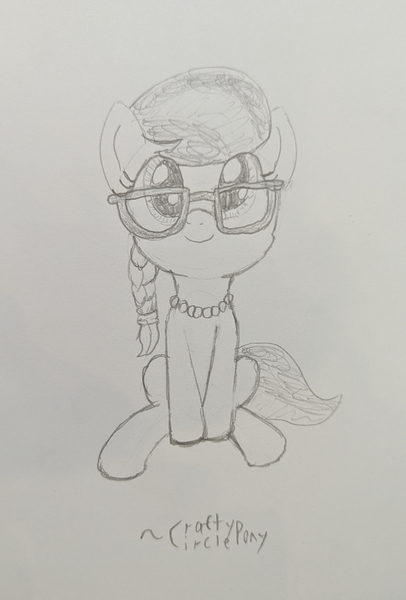 Size: 2174x3210 | Tagged: safe, artist:craftycirclepony, derpibooru import, silver spoon, earth pony, pony, cute, female, filly, foal, glasses, image, jewelry, jpeg, looking at you, necklace, pearl necklace, pencil drawing, sitting, sketch, smiling, solo, traditional art