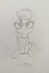 Size: 2174x3210 | Tagged: safe, artist:craftycirclepony, derpibooru import, silver spoon, earth pony, pony, cute, female, filly, foal, glasses, image, jewelry, jpeg, looking at you, necklace, pearl necklace, pencil drawing, sitting, sketch, smiling, solo, traditional art