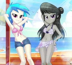 Size: 3909x3525 | Tagged: suggestive, artist:charliexe, ponerpics import, octavia melody, vinyl scratch, equestria girls, beach, bikini, bikini bottom, breasts, clothes, duo, duo female, female, image, jpeg, swimsuit