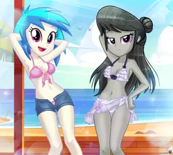 Size: 3909x3525 | Tagged: suggestive, artist:charliexe, ponerpics import, octavia melody, vinyl scratch, equestria girls, beach, bikini, bikini bottom, breasts, clothes, duo, duo female, female, image, jpeg, looking at you, swimsuit