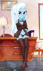 Size: 2460x4078 | Tagged: suggestive, artist:charliexe, ponerpics import, trixie, equestria girls, breasts, clothes, female, image, jpeg, lingerie, socks, solo, solo female, stockings, thigh highs, underwear