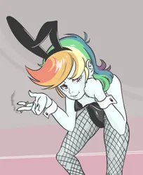 Size: 900x1102 | Tagged: suggestive, artist:shrimpshogun, derpibooru import, rainbow dash, human, g4, abstract background, areola, breasts, bunny ears, bunny suit, cigarette, clothes, corset, cuffs (clothes), delicious flat chest, female, fishnet clothing, fishnets, humanized, image, looking at you, looking up, nipple slip, nipples, nudity, png, sitting, smiling, smirk, smoke, smoking, socks, solo, solo female, stockings, thigh highs, wardrobe malfunction