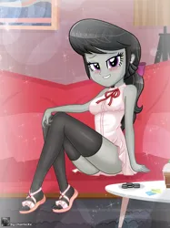 Size: 3178x4240 | Tagged: suggestive, artist:charliexe, ponerpics import, octavia melody, equestria girls, breasts, clothes, female, flats, image, jpeg, panties, shoes, socks, solo, solo female, stockings, thigh highs, underwear