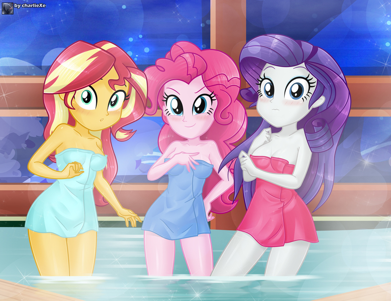 Size: 4658x3581 | Tagged: safe, artist:charliexe, ponerpics import, pinkie pie, rarity, sunset shimmer, equestria girls, breasts, clothes, covering, female, image, jpeg, sauna, towel, trio, trio female