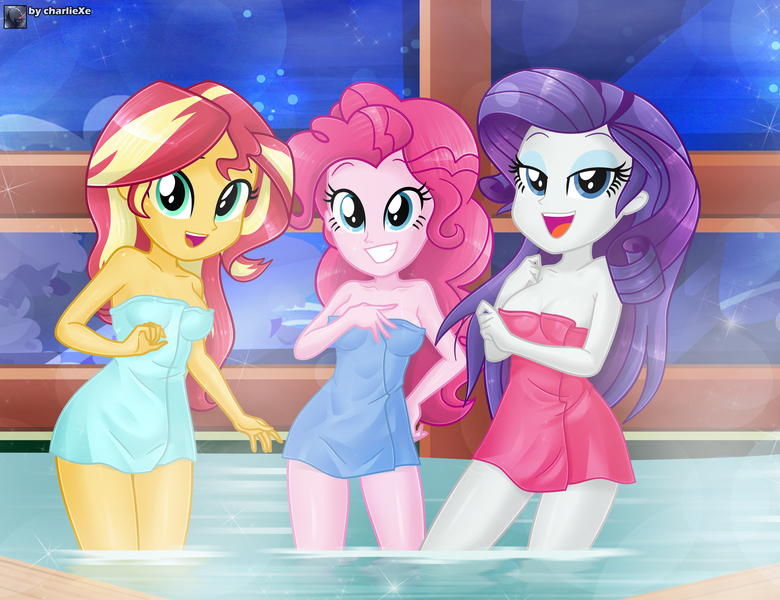 Size: 4658x3581 | Tagged: safe, artist:charliexe, ponerpics import, pinkie pie, rarity, sunset shimmer, equestria girls, breasts, covering, female, image, jpeg, sauna, towel, trio, trio female