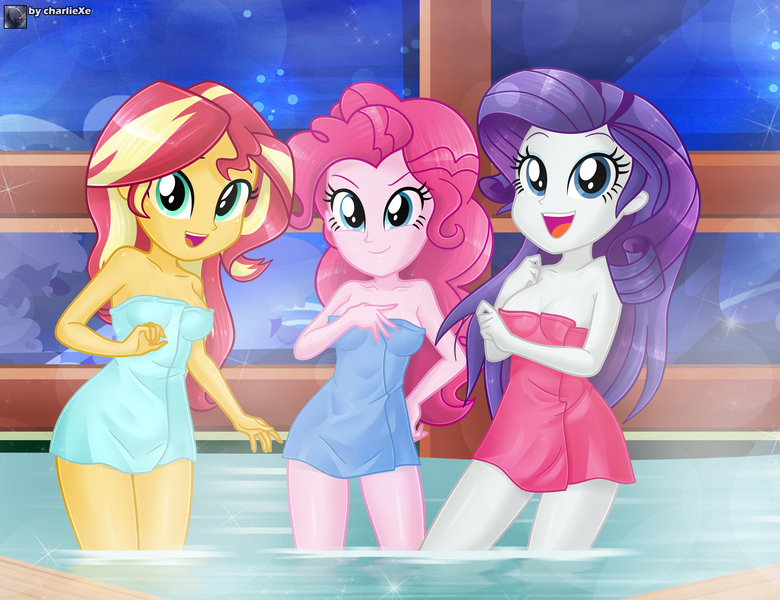 Size: 4658x3581 | Tagged: safe, artist:charliexe, ponerpics import, pinkie pie, rarity, sunset shimmer, equestria girls, breasts, covering, female, image, jpeg, towel, trio, trio female