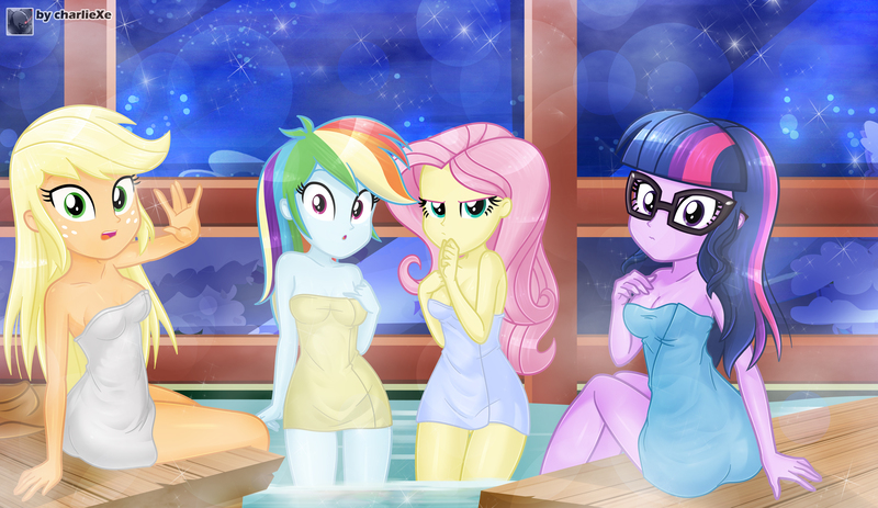 Size: 7103x4115 | Tagged: safe, artist:charliexe, ponerpics import, applejack, fluttershy, rarity, twilight sparkle, equestria girls, breasts, covering, female, glasses, group, image, jpeg, sauna, towel