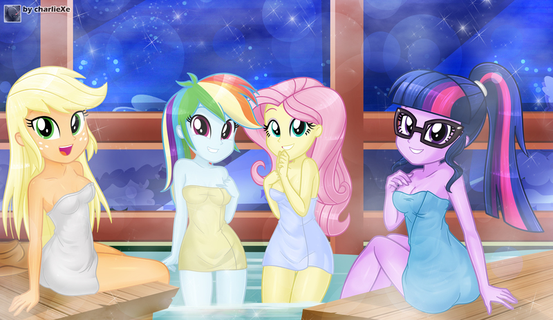 Size: 7103x4115 | Tagged: safe, artist:charliexe, ponerpics import, applejack, fluttershy, rainbow dash, twilight sparkle, equestria girls, breasts, covering, female, glasses, group, image, jpeg, towel