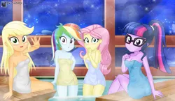 Size: 7103x4115 | Tagged: safe, artist:charliexe, ponerpics import, applejack, fluttershy, pinkie pie, rainbow dash, twilight sparkle, equestria girls, breasts, covering, female, glasses, group, image, jpeg, sauna, towel