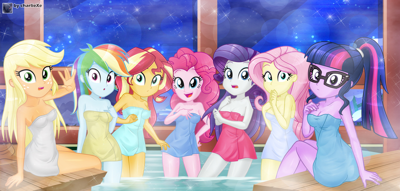 Size: 8593x4115 | Tagged: safe, artist:charliexe, ponerpics import, applejack, fluttershy, pinkie pie, rainbow dash, rarity, sunset shimmer, twilight sparkle, equestria girls, breasts, covering, female, group, image, jpeg, mane six, sauna, towel