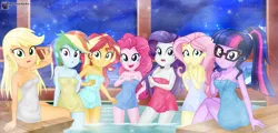 Size: 8593x4115 | Tagged: safe, artist:charliexe, ponerpics import, applejack, fluttershy, pinkie pie, rainbow dash, rarity, sunset shimmer, twilight sparkle, equestria girls, breasts, covering, female, group, image, jpeg, mane six, sauna, towel