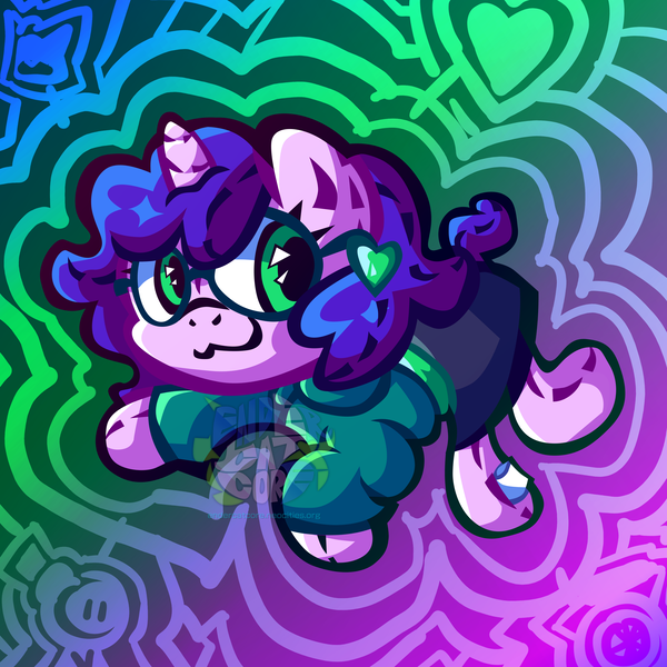 Size: 3632x3632 | Tagged: safe, artist:endercatcore, derpibooru import, oc, oc:artshine aura, unofficial characters only, original species, plush pony, pony, unicorn, abstract background, glasses, horn, image, nonbinary oc, plushie, png, ponysona, solo, unicorn oc