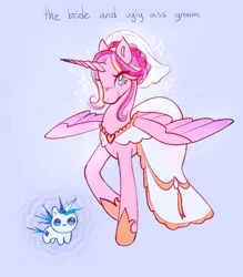 Size: 1621x1851 | Tagged: safe, artist:llorienart, derpibooru import, princess cadance, shining armor, alicorn, pony, unicorn, g4, clothes, dress, female, horn, image, jpeg, looking at you, male, mare, meme, ship:shiningcadance, shipping, size difference, smiling, smiling at you, stallion, straight, the bride and the ugly ass groom, wedding dress