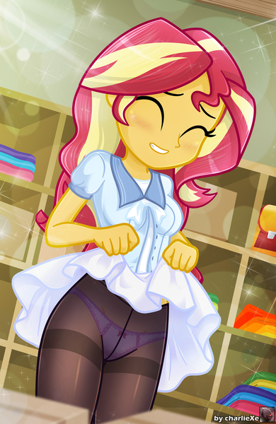 Size: 2435x3745 | Tagged: suggestive, artist:charliexe, ponerpics import, sunset shimmer, equestria girls, breasts, clothes, eyes closed, female, image, jpeg, panties, pantyhose, see-through, solo, solo female, underwear