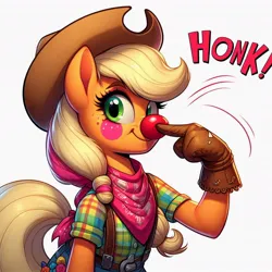 Size: 1024x1024 | Tagged: safe, ai content, derpibooru import, machine learning generated, prompter:heydude5321, applejack, anthro, earth pony, bandana, boop, clothes, clown, clown nose, generator:bing image creator, generator:dall-e 3, gloves, hat, honk, image, jpeg, red nose, rodeo clown, self-boop, tail