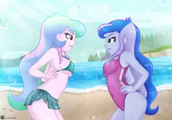 Size: 5577x3902 | Tagged: suggestive, artist:charliexe, ponerpics import, princess celestia, princess luna, equestria girls, beach, bikini, breasts, clothes, duo, duo female, female, image, jpeg, one-piece swimsuit, swimsuit