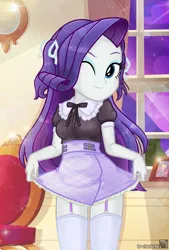 Size: 2478x3664 | Tagged: safe, artist:charliexe, ponerpics import, rarity, equestria girls, breasts, clothes, female, garter straps, image, jpeg, one eye closed, solo, solo female