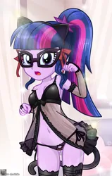 Size: 2771x4350 | Tagged: suggestive, artist:charliexe, ponerpics import, twilight sparkle, equestria girls, arm warmers, breasts, cat ears, clothes, fake tail, female, glasses, image, jpeg, lingerie, open mouth, solo, solo female