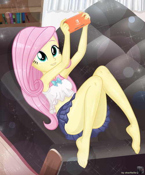 Size: 2926x3511 | Tagged: safe, artist:charliexe, ponerpics import, fluttershy, equestria girls, barefoot, book, bookshelf, breasts, clothes, couch, feet, female, happy, image, indoors, jpeg, lying down, miniskirt, nintendo switch, on back, on couch, recliner, schrödinger's pantsu, signature, skirt, smiling, solo, solo female, sparkles, video game