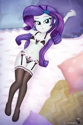 Size: 2981x4517 | Tagged: suggestive, artist:charliexe, ponerpics import, rarity, equestria girls, bed, breasts, clothes, female, garter belt, garter straps, garters, image, jpeg, lingerie, lying down, on back, on bed, panties, socks, solo, solo female, stockings, thigh highs, underwear