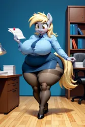 Size: 768x1152 | Tagged: safe, ai content, derpibooru import, machine learning generated, stable diffusion, derpy hooves, anthro, series:office ponies, g4, blushing, breasts, busty derpy hooves, chubby, clothes, curvy, derpibooru exclusive, hourglass figure, image, impossibly wide hips, png, prompter:professordoctorc, skirt, socks, stockings, thigh highs, thighs, thunder thighs, wide hips