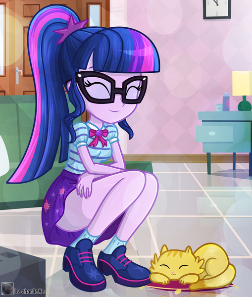 Size: 2836x3344 | Tagged: safe, artist:charliexe, ponerpics import, twilight sparkle, cat, equestria girls, breasts, clothes, eyes closed, female, glasses, image, jpeg, kneeling, shoes, skirt, solo, solo female