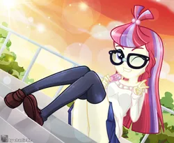 Size: 3756x3080 | Tagged: suggestive, artist:charliexe, ponerpics import, moondancer, equestria girls, breasts, clothes, female, glasses, image, jpeg, one eye closed, panties, shirt, shoes, socks, solo, solo female, stockings, thigh highs, underwear