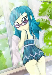 Size: 2487x3564 | Tagged: suggestive, artist:charliexe, ponerpics import, juniper montage, equestria girls, breasts, butt, clothes, female, glasses, image, jpeg, looking back, solo, solo female