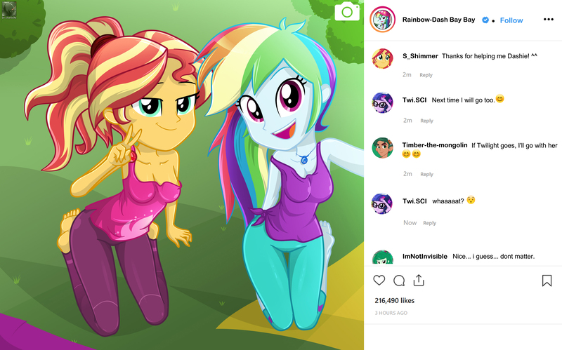 Size: 4646x2897 | Tagged: safe, artist:charliexe, ponerpics import, rainbow dash, sunset shimmer, equestria girls, alternate hairstyle, barefoot, breasts, chat, clothes, duo, duo female, feet, female, geode of empathy, geode of super speed, image, implied sci-twi, implied timber spruce, implied wallflower blush, jpeg, kneeling, looking at you, magical geodes, open mouth, open smile, outdoors, peace sign, phone, ponytail, selfie, smiling