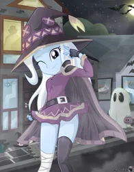 Size: 2598x3310 | Tagged: safe, artist:charliexe, ponerpics import, trixie, bat, equestria girls, breasts, building, cape, clothes, costume, decoration, dress, female, ghost costume, halloween, halloween costume, hat, holiday, image, jack-o-lantern, jpeg, looking at you, moon, night, nightmare night costume, one eye closed, outdoors, pose, pumpkin, sailor moon pose, sidewalk, signature, smiling, solo, solo female, stars, trick or treat, wink, witch costume, witch hat