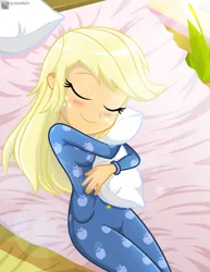 Size: 2617x3382 | Tagged: safe, artist:charliexe, ponerpics import, applejack, equestria girls, blush lines, blushing, breasts, clothes, cuddling, eyes closed, female, hug, image, jpeg, outdoors, pajamas, pillow, pillow hug, sheet, signature, sleeping, smiling, solo, solo female, sun ray