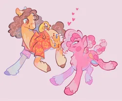 Size: 2048x1706 | Tagged: safe, artist:llorienart, derpibooru import, boneless, cheese sandwich, pinkie pie, earth pony, pony, g4, cheesepie, female, floating heart, heart, image, jpeg, male, pink background, shipping, simple background, straight