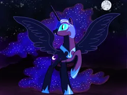 Size: 2732x2048 | Tagged: safe, artist:felisamafeles, derpibooru import, nightmare moon, alicorn, pony, g4, blue eyes, cloud, digital art, eyeshadow, fangs, female, field, flowing mane, flowing tail, full body, full moon, helmet, hoof shoes, horn, image, long hair, long tail, makeup, mare, mlp fim's fourteenth anniversary, moon, mountain, night, night sky, peytral, png, shiny eyes, sky, slit pupils, solo, spread wings, stars, tail, transparent mane, wings