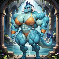 Size: 1024x1024 | Tagged: safe, ai content, derpibooru import, machine learning generated, prompter:muscularfurry, princess ember, anthro, digitigrade anthro, dragon, g4, abs, bangles, biceps, bikini, bodybuilder, breasts, calves, clothes, deltoids, deviantart watermark, dragoness, female, golden bikini, golden swimsuit, image, jpeg, looking at you, muscles, muscular female, obtrusive watermark, overdeveloped muscles, pecs, princess embroids, solo, swimsuit, thighs, thunder thighs, triceps, watermark