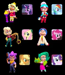 Size: 720x839 | Tagged: safe, derpibooru import, applejack, fluttershy, pinkie pie, rainbow dash, rarity, twilight sparkle, twilight sparkle (alicorn), alicorn, pegasus, pony, unicorn, g4, bandana, bonnie (brawl stars), brawl stars, brawler, charlie, charlie (brawl stars), charlotte, charlotte (brawl stars), clothes, comparison, crossover, crown, dress, female, gown, helmet, horn, image, jacket, janet, janet (brawl stars), jewelry, lola, lola (brawl stars), makeup, mandy, mandy (brawl stars), mane six, mare, pants, png, regalia, shelly (brawl stars), shelly shotgun, shelly shotgun (brawl stars), shirt, shorts, supercell