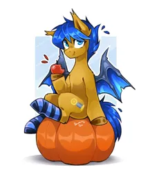 Size: 2169x2500 | Tagged: safe, artist:buvanybu, derpibooru import, oc, oc:crushingvictory, unofficial characters only, bat pony, apple, clothes, ear fluff, food, image, jpeg, post-transformation, pumpkin, simple background, socks, solo, transformation