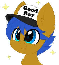 Size: 2436x2674 | Tagged: safe, artist:pegamutt, derpibooru import, oc, oc:crushingvictory, unofficial characters only, pegasus, pony, blue eyes, bust, chest fluff, commission, cute, ear fluff, happy, hat, image, male, png, simple background, smiling, solo, transparent background, ych result