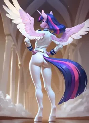 Size: 2048x2816 | Tagged: safe, ai content, derpibooru import, machine learning generated, prompter:star-dragon, stable diffusion, princess cadance, twilight sparkle, twilight sparkle (alicorn), alicorn, anthro, unguligrade anthro, g4, butt, clothes, female, generator:pony diffusion v6 xl, hand on hip, horn, image, leggings, looking back, lovebutt, military uniform, png, sexy, skintight clothes, solo, spread wings, tight clothing, uniform, wings