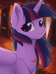 Size: 1500x2000 | Tagged: safe, artist:maravor, derpibooru import, twilight sparkle, twilight sparkle (alicorn), alicorn, pony, g4, autumn, falling leaves, female, image, leaves, mare, png, smiling, solo, tree